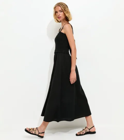 Black Cotton Shirred Bow Strap Midi Dress