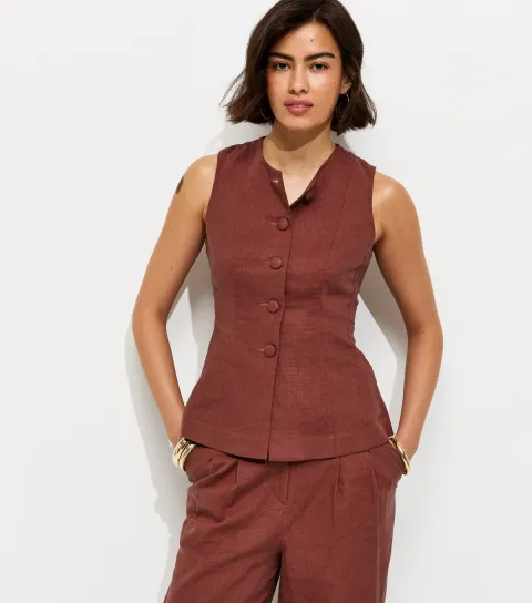 Dark Red Linen Rich Button Through Peplum Waistcoat