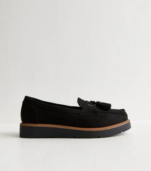 Wide Fit Black Faux Suede Flatform Loafers Vegan