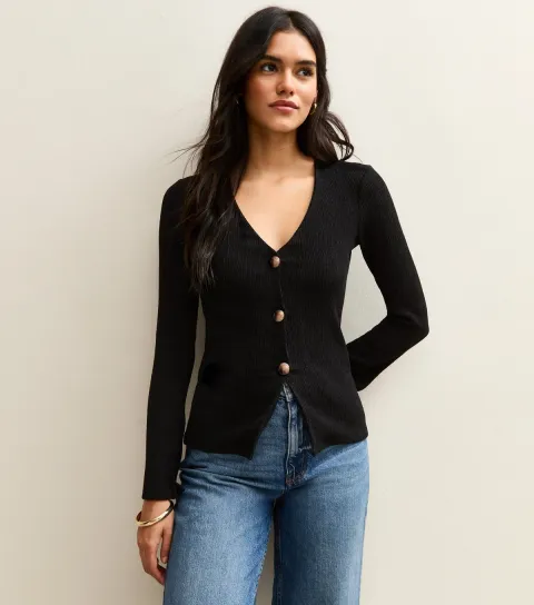 Black Textured Button Through Long Sleeve Top