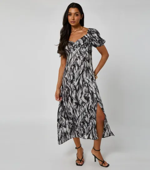 Black Printed Knotted Front Slit Hem Midi Dress