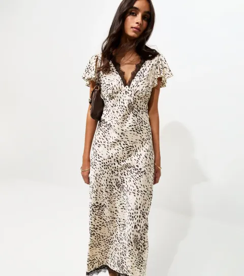 Cream Satin Animal Print Flutter Sleeve Midi Dress