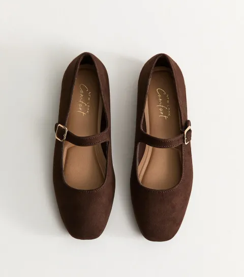 Dark Brown Faux Suede Mary Jane Ballet Flats Vegan