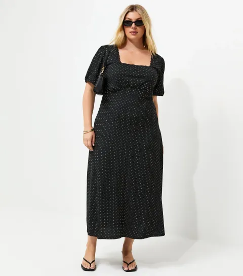 Plus Size Black Spotty Square Neck Midi Dress Curves