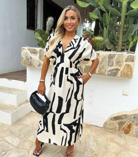 Black Abstract Print V Neck Batwing Midi Dress