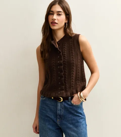 Dark Brown Cable Knit Frill Trimmed Waistcoat