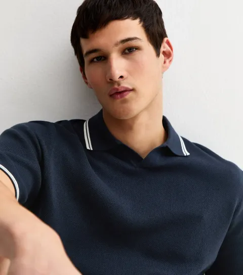 Navy Contrast Stripe Knitted Polo Shirt