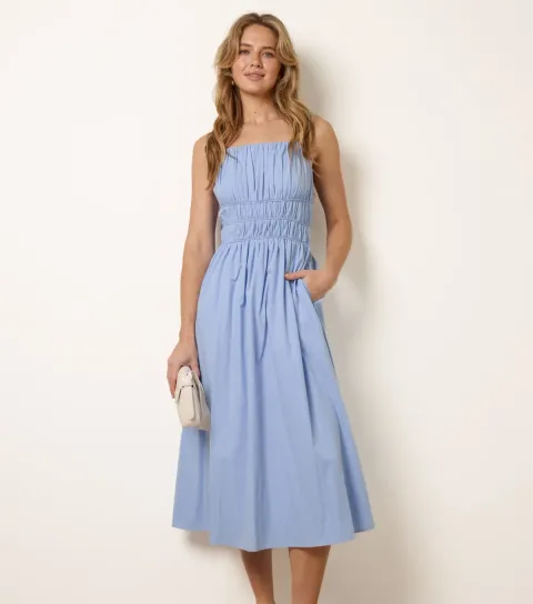Blue Ruched Bust Strappy Midi Dress