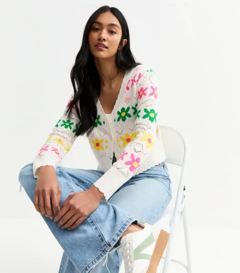 White Floral Knit Cardigan