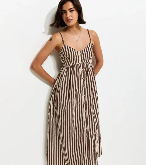 Brown Cotton Knot Front Stripe Cami Midi Dress