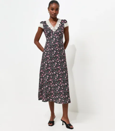 Navy Ditsy Floral Lace Insert Tea Midi Dress