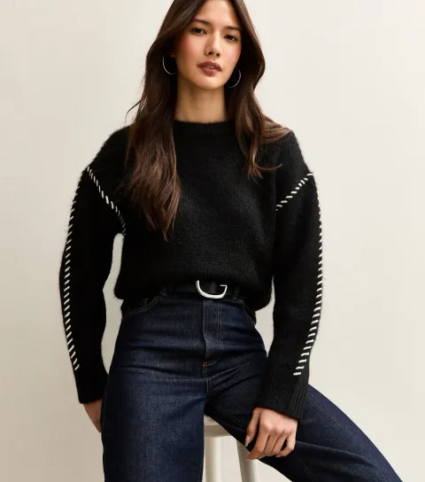 Black Contrast Stitch Brushed Jumper