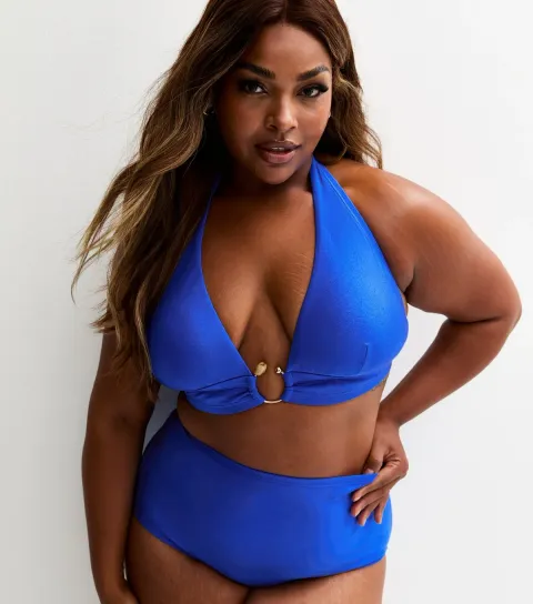 Plus Size Bright Blue Ring Detail Halterneck Bikini Top Curves