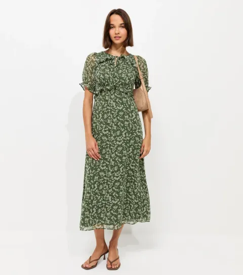 Green Floral Print Ruffle Trim Chiffon Short Sleeve Midi Dress