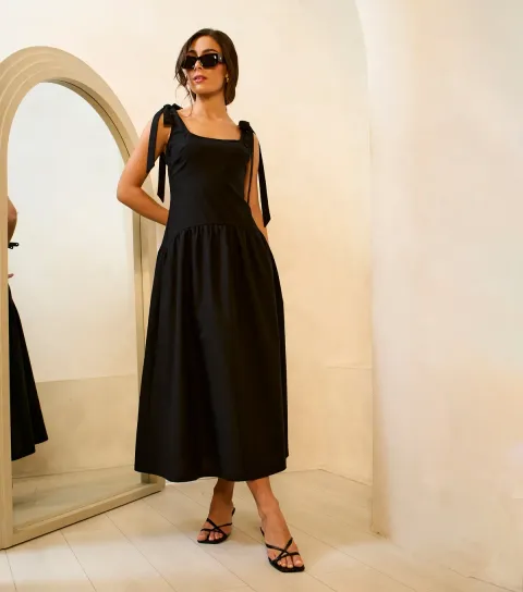 Black Linen Mix Waist Midi Dress