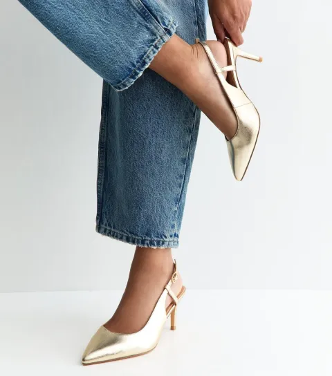 Extra Wide Fit Gold Faux Leather Lizard Embossed Slingback Court Shoes Vegan