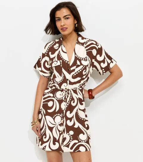 Brown Abstract Print Short Sleeve Shirt Dress