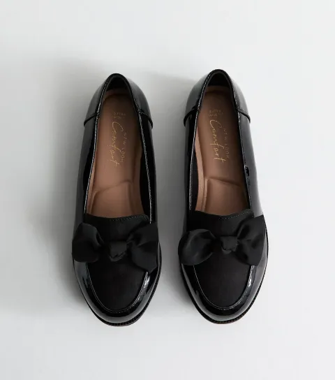 Extra Wide Fit Black Patent Faux Leather Bow Front Loafers Vegan