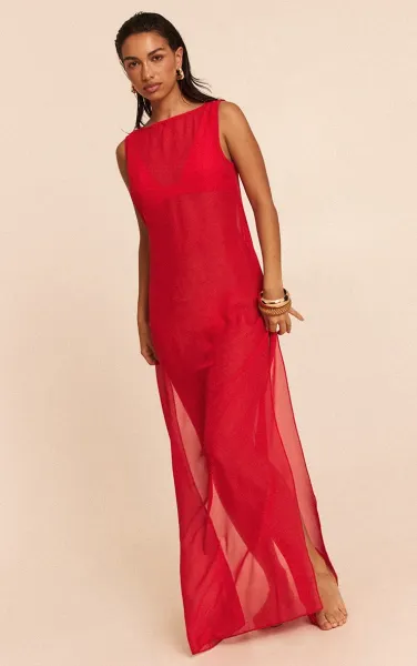 Red Chiffon Sleeveless Beach Maxi Dress