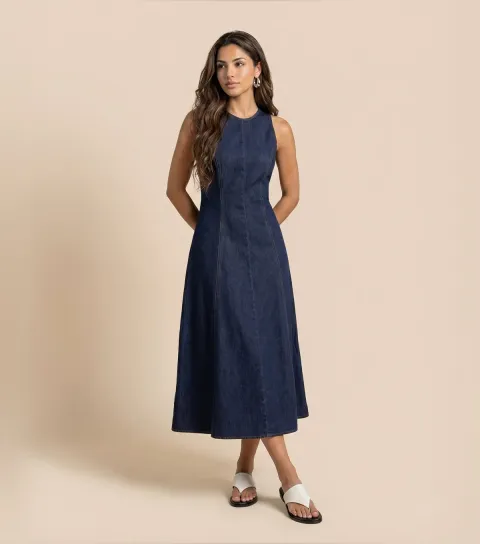 Blue Denim Look Sleeveless A-Line Midi Dress