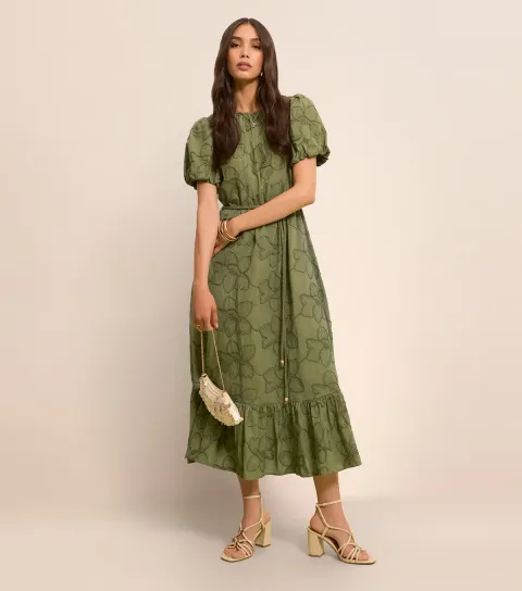 Khaki Embroidered Puff Sleeve Midi Dress