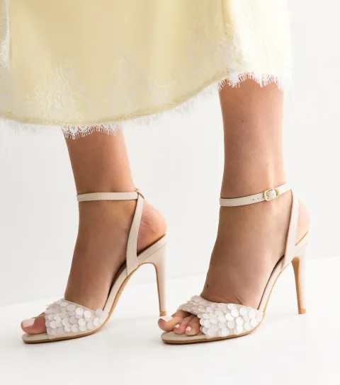 White Faux Leather Sequinned Stiletto Sandals Vegan