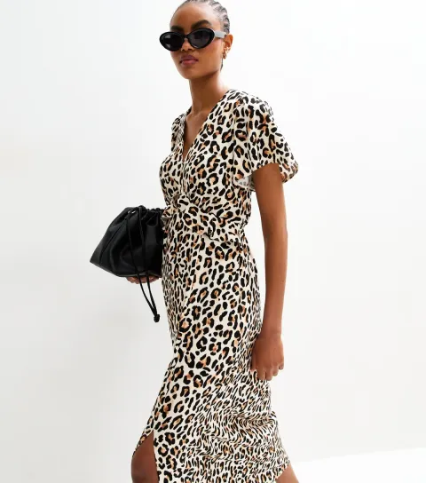 Tall Brown Leopard Print Flutter Sleeve Midi Dress