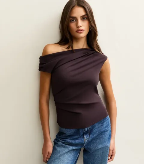 Dark Purple Gathered Off The Shoulder Top