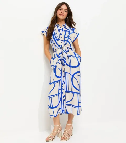 Petite Blue Geometric Print Twist Front Midi Shirt Dress