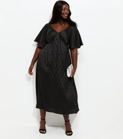 Plus Size Black Paisley Jacquard Flutter Sleeve Midi Dress Curves