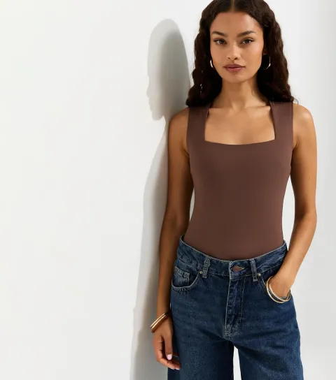 Petite Dark Brown Square Neck Neck Sleeveless Bodysuit