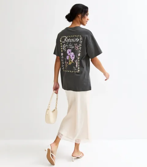 Dark Grey Cotton Botaniste Print Oversized T-Shirt