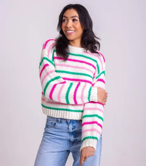 Cream and Pink Stripe Crew Neck Jumper