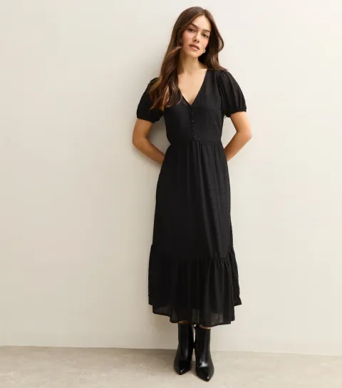 Petite Black Buttoned Check Midi Dress