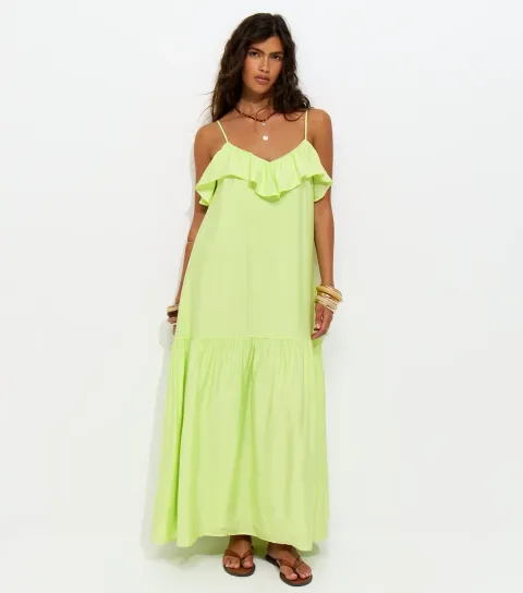 Light Green Ruffle Trim Cami Midi Dress