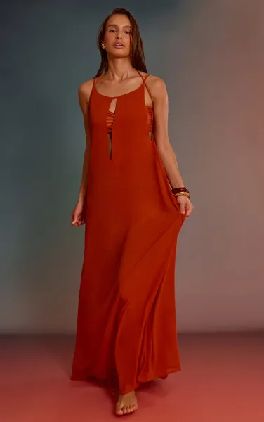Rust Chiffon Boat Neck Trapeze Beach Dress