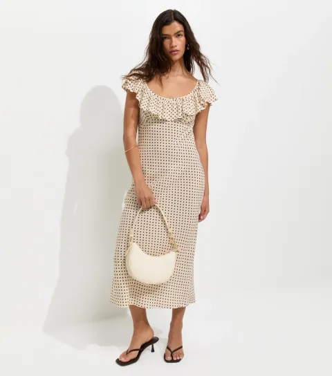 Cream Spot Print Ruffle Trim Midi Dress