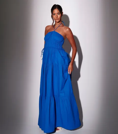 Bright Blue Halterneck Tiered Maxi Dress