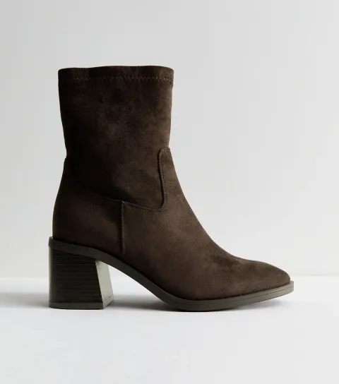 Wide Fit Dark Brown Faux Suede Stacked Heel Sock Ankle Boots Vegan