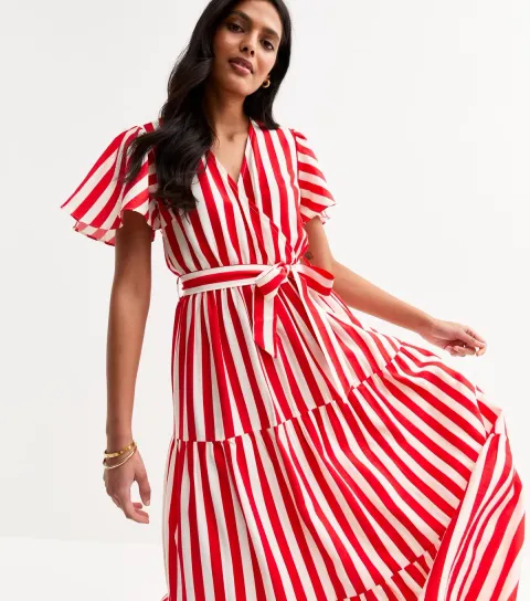 Red Striped Belted Midi Dress