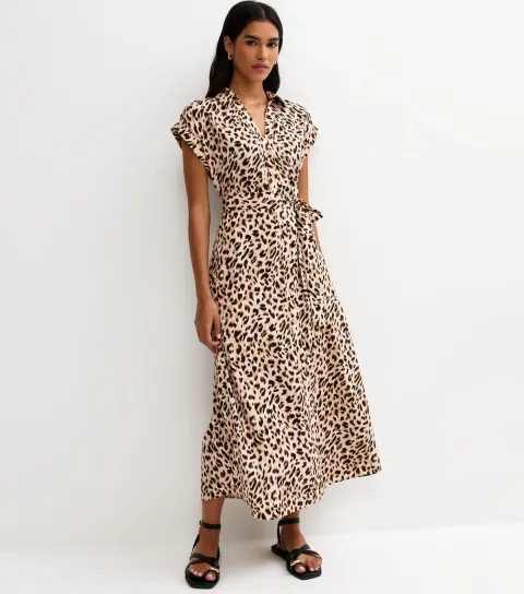 Brown Crepe Leopard Print Collared Short Sleeve Midi Dress