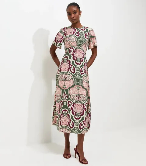 Green Floral Angel Sleeve Midi Dress