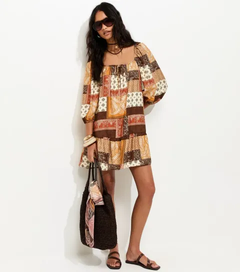 Brown Patchwork Print Smock Mini Dress