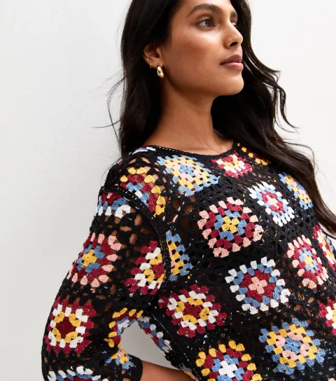 Black Crochet Patchwork Pattern Jumper