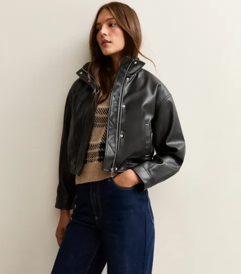 Black High Neck Faux Leather Bomber Jacket