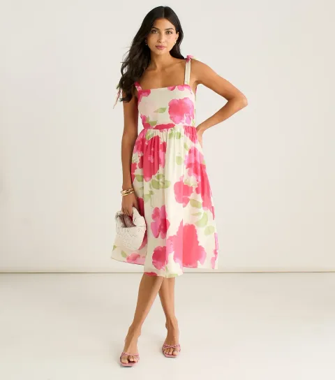 Pink Floral Tie Strap Midi Dress
