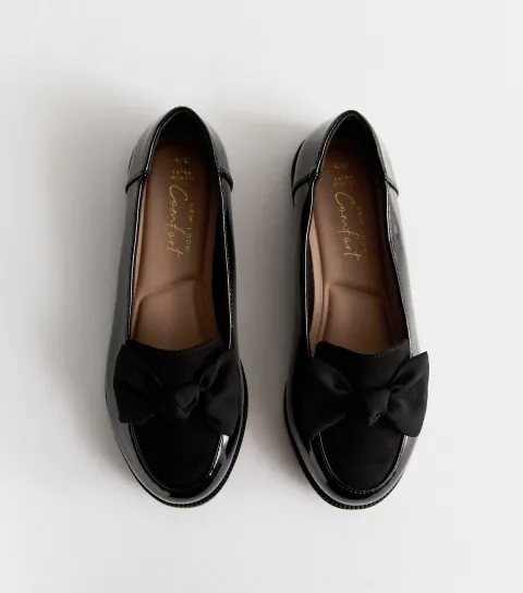 Extra Wide Fit Black Bow Patent And Suede Look Flat Loafers