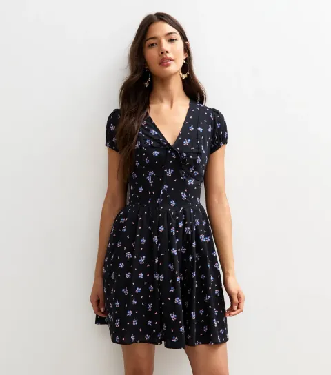 Black Floral Print Tie V-Neck Mini Dress