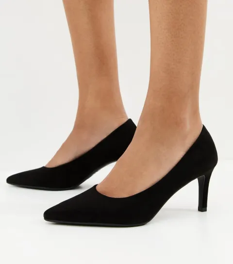 Black Faux Suede Mid Stiletto Heel Court Shoes Vegan