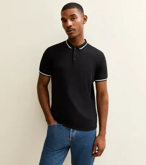 Black Regular Contrast Tipping Pique Polo Top